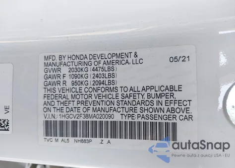 2021 Honda Accord Sport 2.0T из США, поврежденный, VIN 1HGCV2F38MA020090